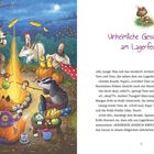 Unheimliche Geschichten am Lagerfeuer. Tiere sitzen um ein Feuer und grillen Marshmallows. Ein Hahn wirkt irritiert.