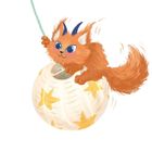 Ein orangefarbener, flauschiger Troll mit blauen Hörnern hält sich an einer runden Laterne mit gelben Sternen fest.