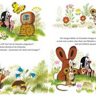 Links: „Oh, das flimmert ja toll!“ Rechts: Tiere lachen über die Fernsehbilder. Wiese mit bunten Blumen, Maulwurf und Freunden.