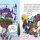 Links schwebt ein purpurnes Schloss mit Spitzdächern über einer Treppe. Rechts stehen fantasievoll gekleidete Figuren.