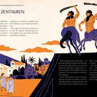 "Die Zentauren" - Text über mythische Gestalten mit Illustration: Drei Zentauren mit Keulen in einer Landschaft mit Gebäuden.