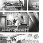 Kapitel 50: Eine Frau an einer Schreibmaschine, nachdenklich vor Textdokumenten. Ein Titelblatt der "Daily Graph" und ein Dachfenster sind sichtbar.