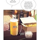 Zwei Sprechblasen: "Aah, ist das schön!" und "Ich wollte mich schon immer mal nach der Arbeit bei einem Freund zum Trinken treffen." Ein Bierglas und Essen.