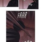 Texte: "GWANCK", "FRRR". Illustration zeigt eine Person mit dynamischen Linien, die Bewegung oder Aufprall suggerieren.