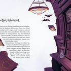 "Bibliothek Rabennest" steht oben. Unten ein Text über Türme und Zauberer. Links Bücherillustrationen, rechts Regale mit Schriftrollen und eine Frauenbüste.