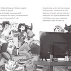 Zwei Textblöcke beschreiben eine aufregende Schulshow. Kinder, Tiere und ein Fernseher sind fröhlich in einer Szene versammelt.