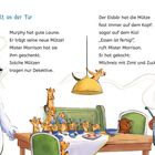 Text: "Es klingelt an der Tür. Murphy hat gute Laune..." Illustrationen von Tieren und einem Mann mit einem Topf.