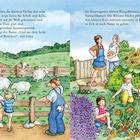 Kinder besuchen einen Bauernhof; beobachten Kühe, Schafe, Blumenpflücken im Garten. Farbenfrohe, lebendige Illustration.