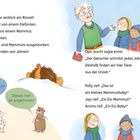 Texte: „Ausgestorben??“, „Dieses hier ist eingefroren!“ Illustration zeigt neugieriges Kind und Opa, gefrorenes Mammut.