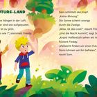 "FUTURE-LAND. Die Bäume hängen in der Luft. Die Blätter sind wie aufgepustet. Das Gras ist zu grün." Zwei Kinder, bunte Natur.