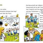 Text: Verloren. Das Spiel ist vorbei. Yao und Amanda schütteln den Kopf. Die Mannschaft der Fußball Academy versammelt sich.   
Illustration einer Fußballszene, fröhliche und nachdenkliche Spieler.