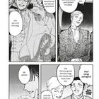 Ein schwarz-weißes Manga-Panel mit fünf Männern, die sich unterhalten. Jeder trägt elegante Anzüge.