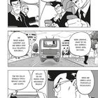 Manga-Stil, Personen in einem Auto sprechen über Magentas schlichte Beerdigung und finanzielle Rücklagen, Straßenszene.