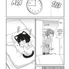 "KLA TTER, Ahh... Endlich kann ich schlafen..." Eine Illustration mit einer Uhr, einem schlafenden Kind mit Katzenohren und einer Frau.