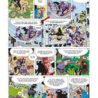 Comic-Szenen: Ein lila Kostümträger prallt gegen ein Gebäude, diverse Dialoge, wild gestikulierende Figuren und humorvolle Elemente.