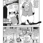 Manga-Seite mit katzenartigem Charakter in Weste und Hut, trinkt Bier, spricht mit dem Teufel in einer Kneipe.