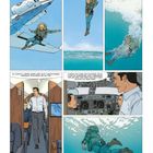 Text: „Ich fürchte, Captain Spark wird nicht zurückkommen" Illustration: Person springt aus Flugzeug, taucht ins Meer ein. Pilot im Cockpit.