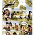 Eine Illustration zeigt zwei Krieger beim Training im Wald. Dialoge: "Cabar...", "Cabar!", "Wach endlich auf!", "Was ist los mit dir?"