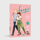 Auf pinkem Hintergrund der Titel "fangirl". Zwei Figuren, die Eis essen, halten sich an den Händen. Links Bücherstapel.