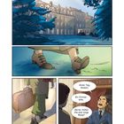 „Guten Tag, Madam.“ „Ein Zimmer, bitte.“ „Gerne. Hatten Sie eine lange Reise?“ Illustration eines Hotels mit Gast und Rezeptionist.