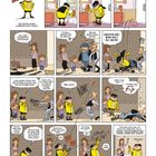 "UNSCHLAGBAR. Zittern, Ganoven, hier kommt UNSCHLAGBAR, der einzig wahre Superheld des Comics." 

Comic-Helden rettet in einer Gasse eine Familie.