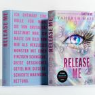 Text in Pink auf Blau: „ICH ENTWARF EINE...“. Buchcover mit Auge und bunten Kristallen.