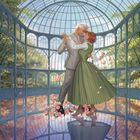 Illustration: Ein Paar tanzt eng umschlungen in einem großen, lichtdurchfluteten Glashaus voller Rosen und Schmetterlinge.
