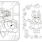 Links: Zwei gezeichnete Hunde, einer mit Eis, vor Fenstern und Baum. Rechts: Hund als Kürbis, umgeben von Kürbissen.