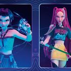 Zwei animierte Figuren mit futuristischen Outfits: links in Blau mit leuchtenden Effekten, rechts in Schwarz und Gelb mit einem Stab.