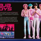 „Saja Boys“ in pinkem Text. Beschreibung über eine Dämonen-Boyband. Fünf stilisierte Figuren in rosa-blauer Kleidung.