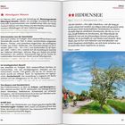 Texte über Mönchguter Museen und Hiddensee, Inselbeschreibung, oben Karte. Foto mit Radfahrern auf einem Weg neben Blütenbaum.