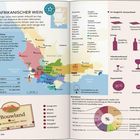 **SÜDAFRIKANISCHER WEIN**  
Text über südafrikanische Weinerzeugung. Links: Karte der Weinregionen. Rechts: Vergleich Deutschland, Grafik Exportanteil.