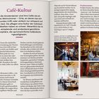"Café-Kultur" und "Probierstuben" sind Überschriften. Bilder zeigen gemütliche Cafés und eine Bar mit Holzdekor und Gästen.