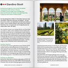 **Giardino Giusti**

Was? Ein Renaissancegarten wie aus der Zeit gefallen

Warum? Toskanisches Flair mitten in Verona

Wann? An heißen Sommertagen eine schattige Oase

Wie lange? Etwa zwei Stunden für Garten und zugehöriges Palais

Was noch? Freskenverzierte Säle im Palazzo Giusti

Links: Beschreibung des Renaissancegartens mit Zypressen, Statuen und labyrinthartigen Wegen. Erwähnung von Goethe und Mozart. Infos zur Zypresse mit geschichtlichem Hintergrund. **Rechts: Fotos mit Säulenblick über die Stadt, einem Garten mit Hecken und Zitrusfrüchten.**