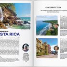 Titel: "Costa Rica klassisch". Dauer: 9 Tage, Strecke: 800 km. Beschreibung einer Reiseroute mit Standorten wie San José und Montezuma. Auf der rechten Seite ist eine Route auf einer Karte mit markierten Stationen und Bildern zu sehen.