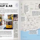Lissabons Auf & Ab. Karte zeigt Seilbahnen in Lissabon. Gelbe Straßenbahn in schmaler Gasse, viele Infos und Sehenswürdigkeiten.