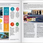 Seite 208-209 eines Reiseführers zeigt Transportinformationen in Rom mit Texten zu Metro, Bus, Taxi, und mehr.