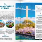 "Sensationelle Städte" in großen Buchstaben, gefolgt von Text über bedeutende Metropolen im Osten der USA. Rechts: Washington Monument.