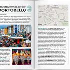 "34 Marktbummel auf der Portobello. Einer der bekanntesten Märkte der Welt bedarf eigentlich kaum einer Vorstellung... Vintage-Shops." Ein Straßenmarkt mit vielen Menschen und bunten Ständen. Rechts eine Karte.