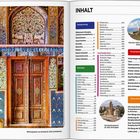Inhaltverzeichnis mit Reiseplanungs- und Reisezielkapiteln, darunter Georgien, Armenien, Aserbaidschan. Links eine dekorative Tür.