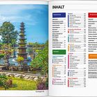 INHALT, Reiseplanung, Reiseziele, Praktisches. Links hoher Brunnen in einem Garten mit vielen Pflanzen.