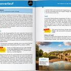 **Texte:** 

- Tour A
- Römisches Erbe, rauschende Flüsse und ein endloser Strand
- Von Valence in die Petite Camargue
- Traumkulisse: Einmal unter dem majestätischen Steinbogen Pont d'Arc... 
- Strecke 285 km, Reine Fahrzeit 5 Std. 20 Min.
- Empfohlene Dauer 10 Tage

**Beschreibung:**

Links: Fluss mit Steinbogen, Menschen und Boote. Rechts: Text über Reiseziel und Karte.