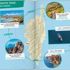 „5 perfekte Tage auf Korsika“ mit einer Karte und fünf Reisezielen: Ostküste, Süden, Westen, Nordwesten, Cap Corse.