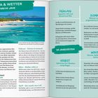 "Klima & Wetter *Durchs Jahr" – Text über Sardiniens Klima, unterteilt in die Jahreszeiten mit Highlights und Tipps. Links ein Foto eines Strandes.
