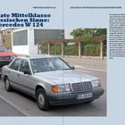 Titel: "Die letzte Mittelklasse im klassischen Sinne: Der Mercedes W 124". Silberner Mercedes zieht roten auf Anhänger.
