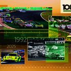 „1992“, „Juli“, „2025“, „DTM“. Ein Kalender mit Rennwagenfotos und einem Logo „100 Nürburgring“.