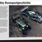 Titel: "Bentley Rennsportgeschichte". Links Text über Bentley-Rennwagen. Rechts zwei grüne Rennwagen: ein klassischer und ein moderner.