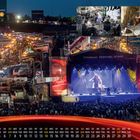 Ein Kalender für November mit einem Festival. Bühne mit Musiker, Menschenmenge, Trucks, beleuchtete Nacht.