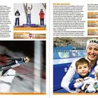 "Skispringen", "Was sonst noch geschah", "Normalschanze (Frauen)". Links: Skispringerin im Flug. Rechts: Frau mit Kind und Medaille.