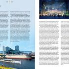 Text: "BERLIN HBF", "Die verkehrliche Belastungsstudie", "Seite 12", "Seite 13". 

Links ein großer Bahnhof mit Glasfassade, Menschen strömen hinein. Rechts rießiger moderner Bau aus Glas und Stahl. Unten Wasser, Boote und Menschen auf einer Wiese.